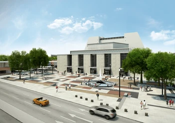 Opening Celebration at Offenbachplatz - Visualization Rendering of the Cologne stages at Offenbachplatz, featuring trees, fountains, and passersby