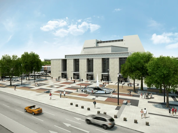 Rendering of the Cologne stages at Offenbachplatz, featuring trees, fountains, and passersby