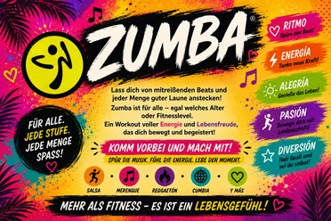 Zumba Plakat Plakat für Zumba mit Text und bunten Grafiken