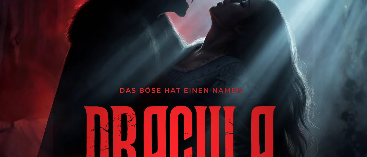 Düsteres Dracula-Plakat mit Vampir-Silhouette, Frau im Licht und rotem Titel.