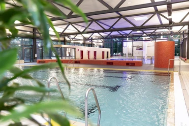 Innenbecken im Lohfeld Bad mit Leitern, Pflanzen im Vordergrund und moderner Schwimmhalle