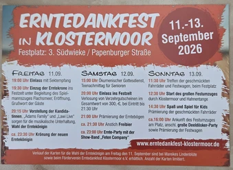 105163.jpg Plakat zum Erntedankfest in Klostermoor mit Programm vom 11. bis 13. September 2026.