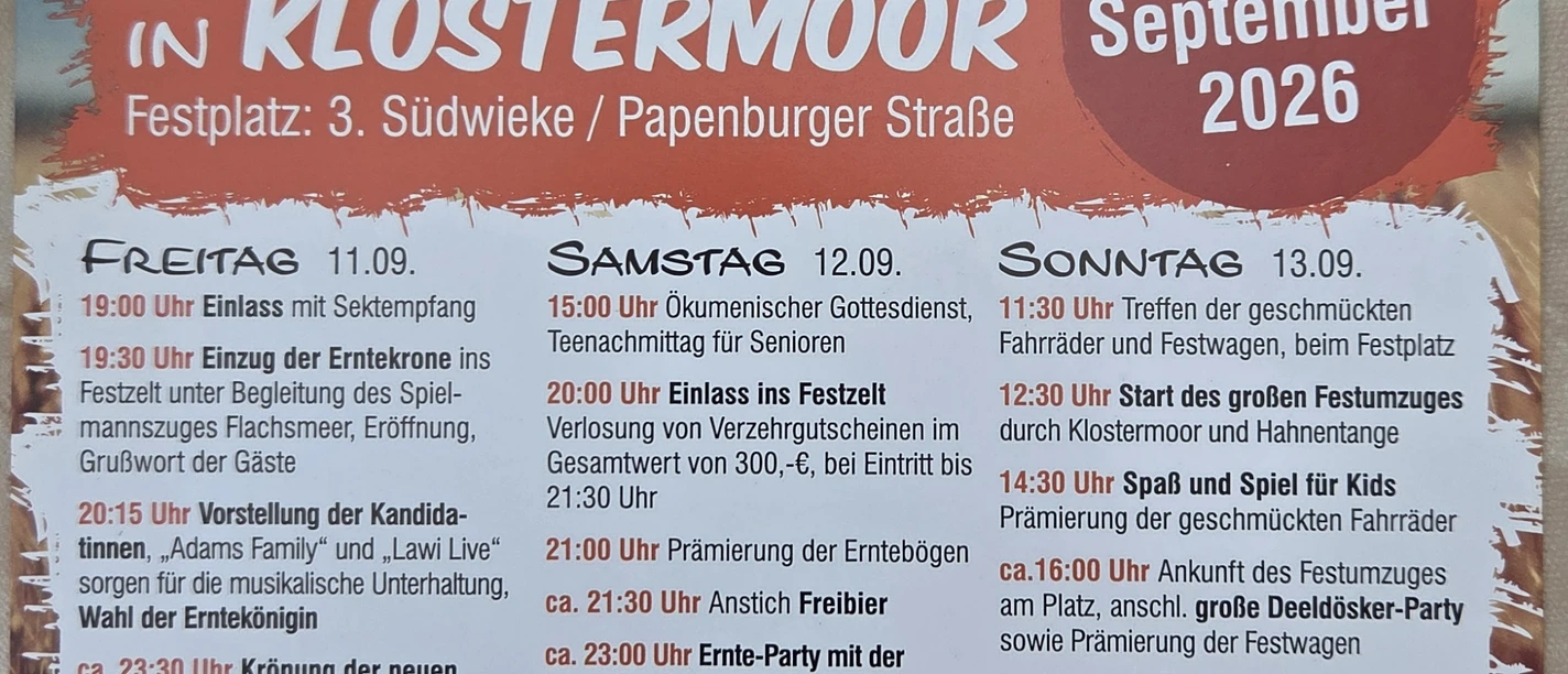 105163.jpg Plakat zum Erntedankfest in Klostermoor mit Programm vom 11. bis 13. September 2026.