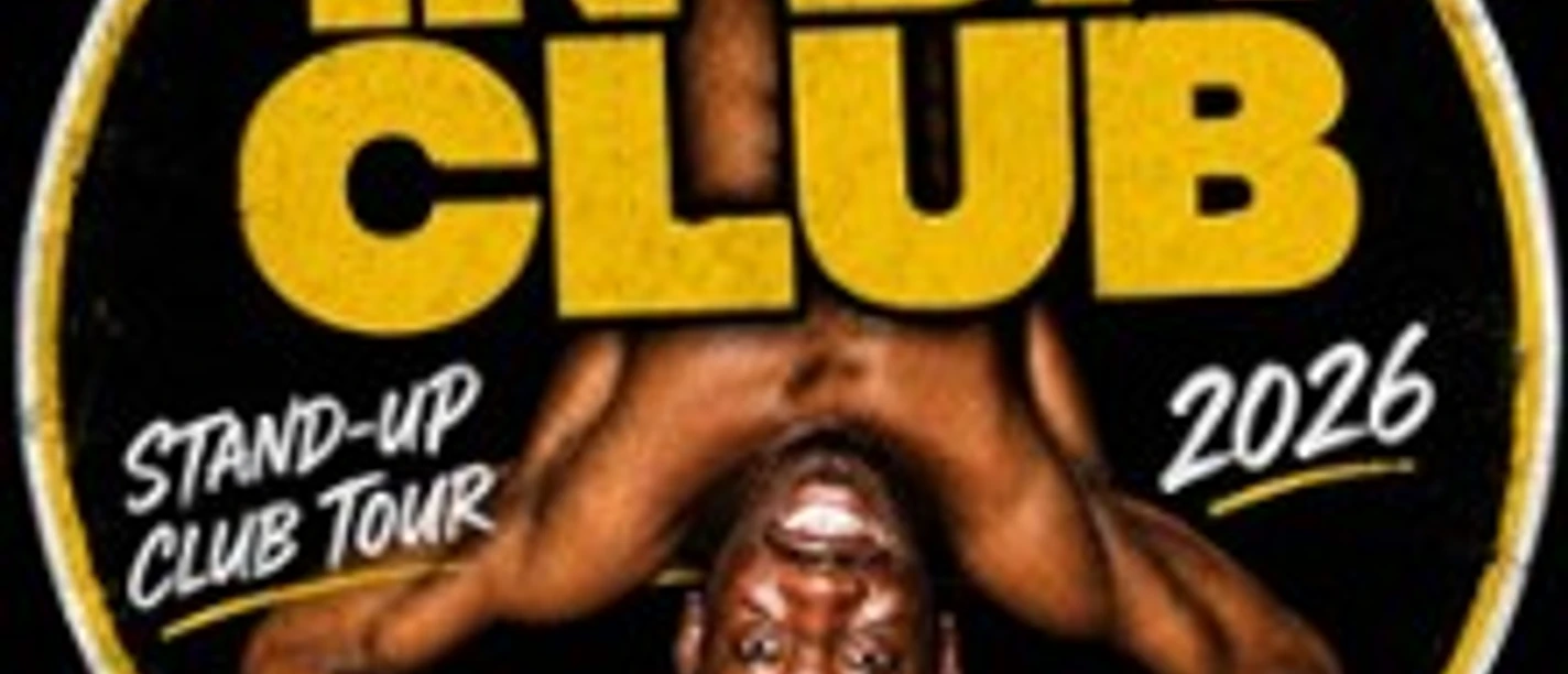 Rundes Stand-up-Tourmotiv „John Smile In Da Club 2026“ mit gelber Schrift und Porträt