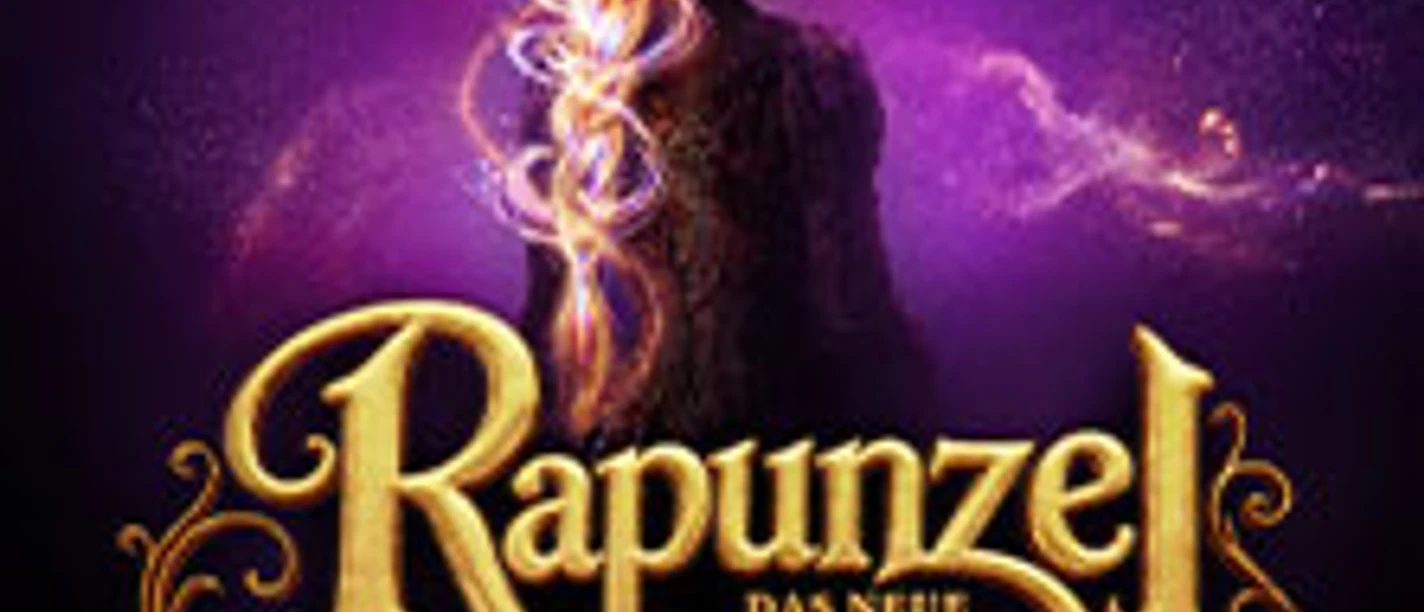 Violett leuchtendes Musicalmotiv mit Rapunzels Silhouette und goldenem Schriftzug