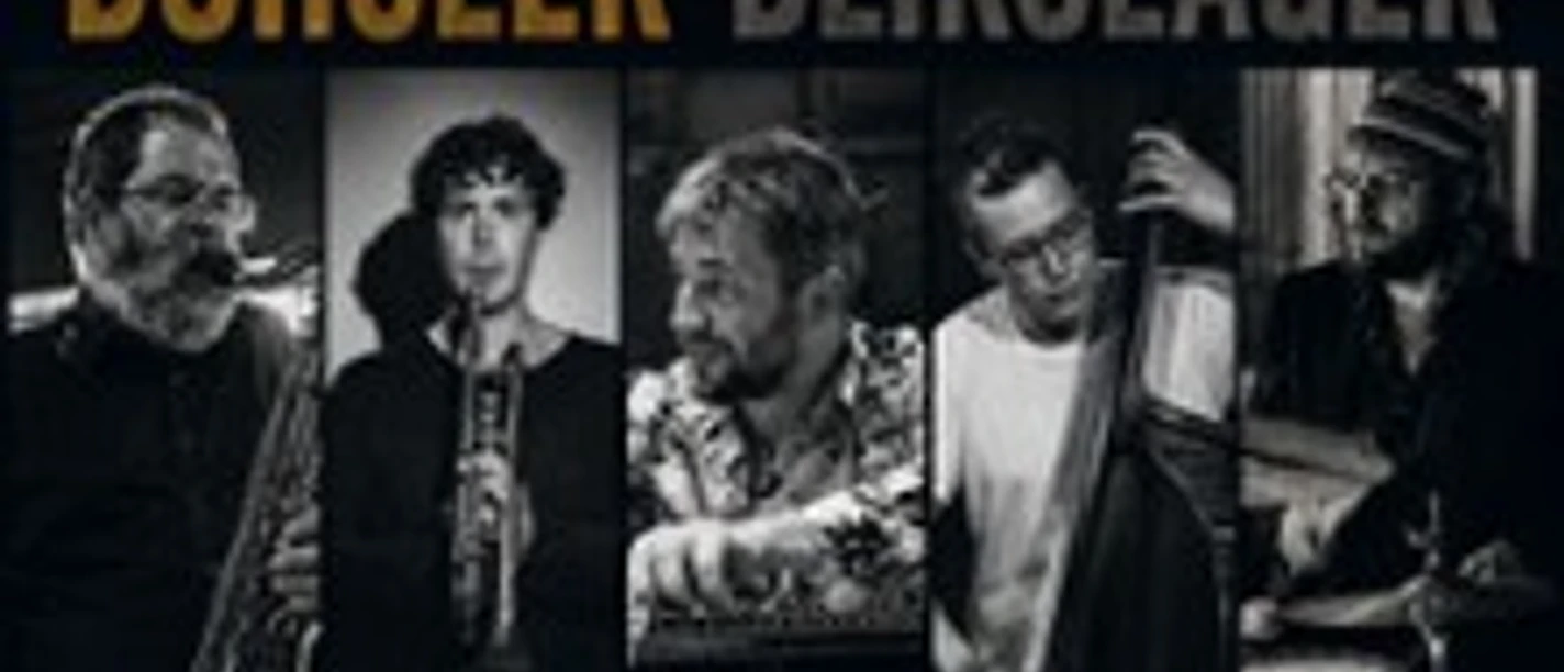 Schwarz-goldenes Jazz-Plakat mit fünf Musikern des Ryan Carniaux Quintetts.