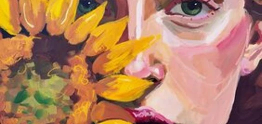Gemaltes Halbporträt einer Frau mit grünen Augen neben leuchtenden Sonnenblumen
