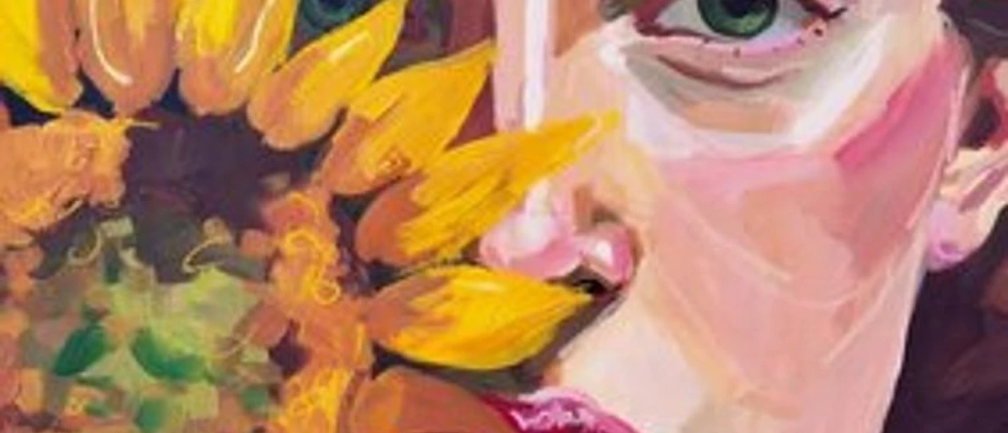 Gemaltes Halbporträt einer Frau mit grünen Augen neben leuchtenden Sonnenblumen
