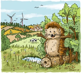 Illustration eines Igels auf einem Baumstamm vor einer Landschaft mit Windrädern und einem Dorf.