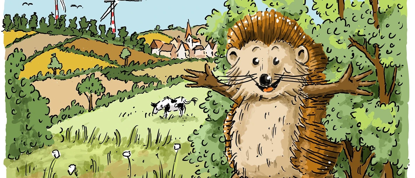 Illustration eines Igels auf einem Baumstamm vor einer Landschaft mit Windrädern und einem Dorf.