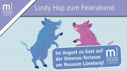 Plakat mit zwei tanzenden Wildschweinen zu Lindy Hop zum Feierabend im Museum Lüneburg.