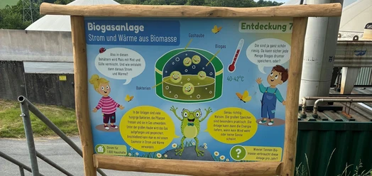 Infotafel zur Biogasanlage am Energie-Entdeckerpfad mit kindgerechten Illustrationen