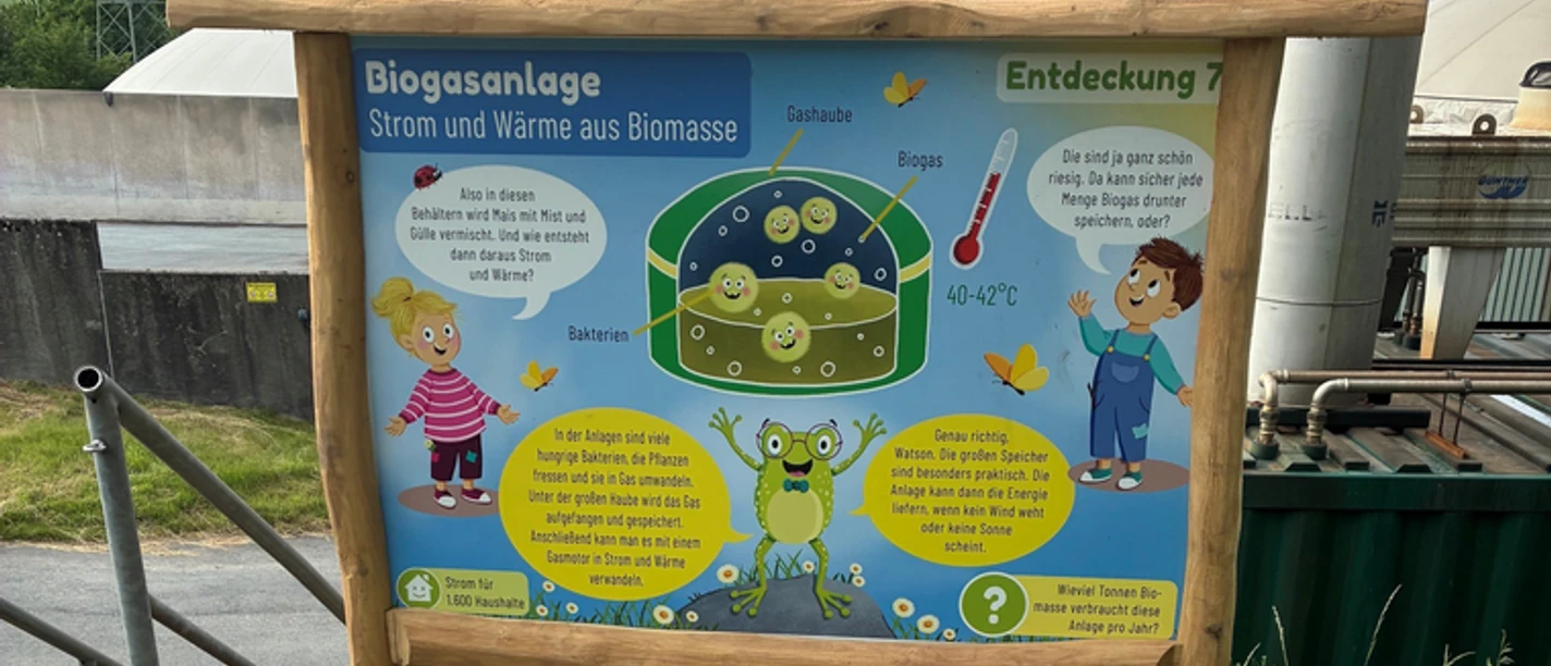 Infotafel zur Biogasanlage am Energie-Entdeckerpfad mit kindgerechten Illustrationen