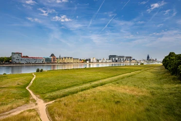 Blick über Rheinwiesen auf den Kölner Rheinauhafen und den Dom bei blauem Himmel
