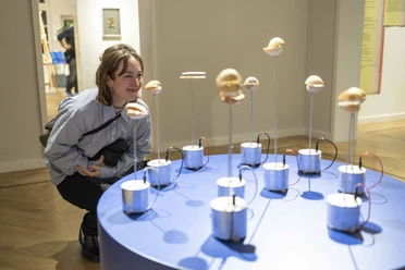 A visitor at the MGGU. Visitor viewing exhibits in a museum room.