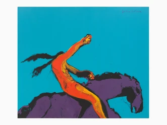 Fritz Scholder im MMK Großformatiges Gemälde mit Figur auf türkisfarbenem Hintergrund.