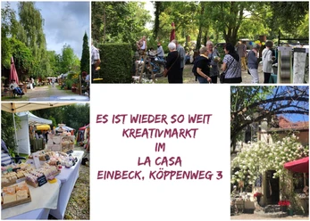 Kreativmarkt im La Casa Collage mit Marktständen, Besuchern und Gartenansichten beim Kreativmarkt in Einbeck.