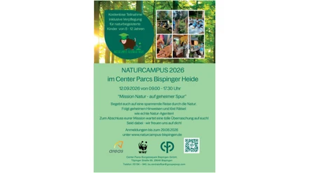 Plakat zum Naturcampus 2026 mit Waldmotiv, Fotos von Kindern und Veranstaltungsdaten.