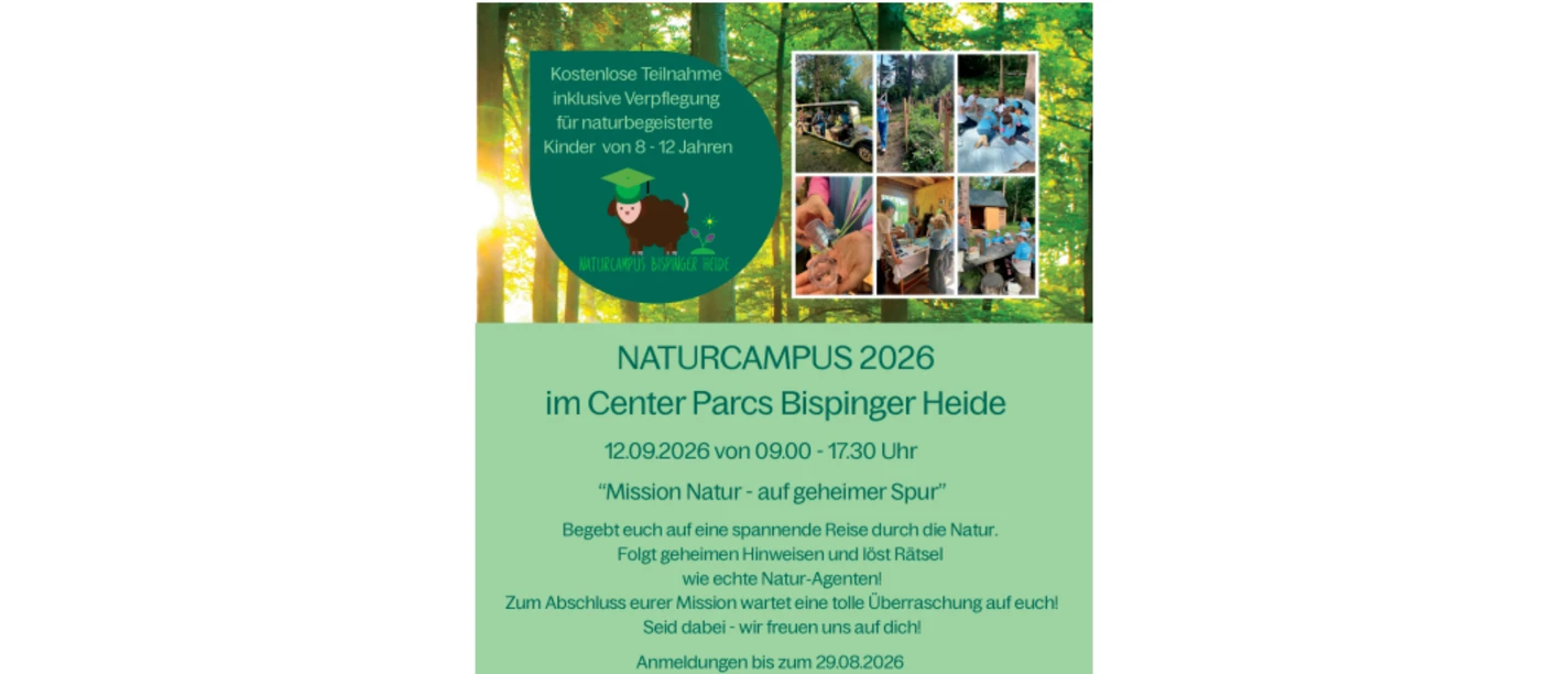 Plakat zum Naturcampus 2026 mit Waldmotiv, Fotos von Kindern und Veranstaltungsdaten.