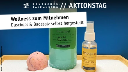 Duschgel, Badesalz und Deospray als selbst hergestellte Wellnessprodukte im Salzmuseum.