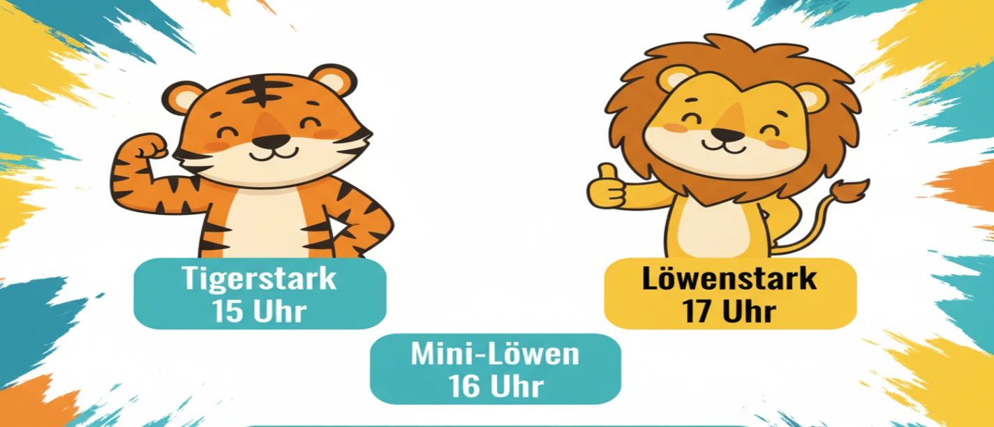 Plakat „Starke Kinder in Wiesmoor“ mit Tiger und Löwe gegen Mobbing in der Schulzeit.