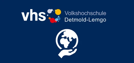 Logo der VHS Detmold-Lemgo mit Hand und Globus auf dunkelblauem Hintergrund