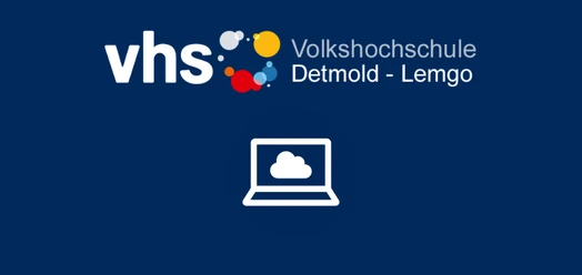 Logo der Volkshochschule Detmold-Lemgo mit Laptop- und Cloud-Symbol auf blauem Hintergrund