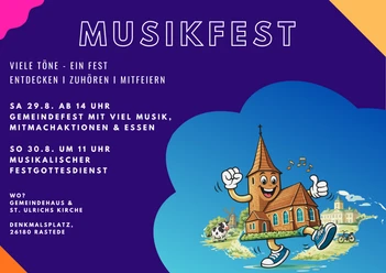 Musikfest Viele Töne - ein Fest Plakat zum Musikfest „Viele Töne – Ein Fest“ mit tanzender Kirchenfigur.