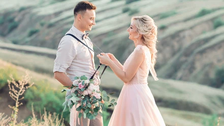 wedding couple on the nature in summer day.