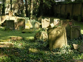 Alter Jüdischer Friedhof Historische Grabsteine auf Friedhof mit Bäumen
