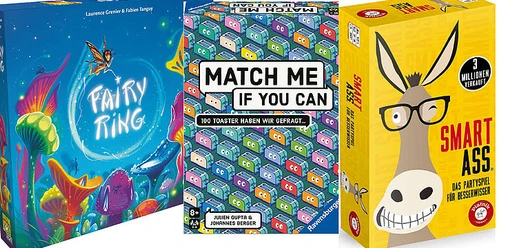 Drei bunte Spieleschachteln für einen Spieleabend in der Stadtbibliothek