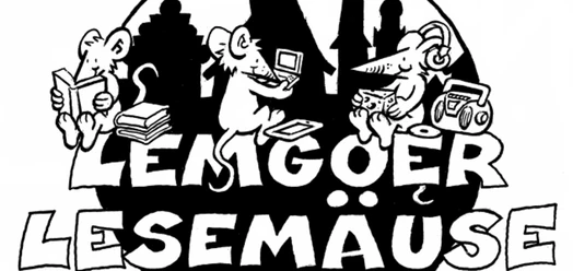 Schwarz-weißes Logo der Lemgoer Lesemäuse mit lesenden Mäusen vor Stadtsilhouette