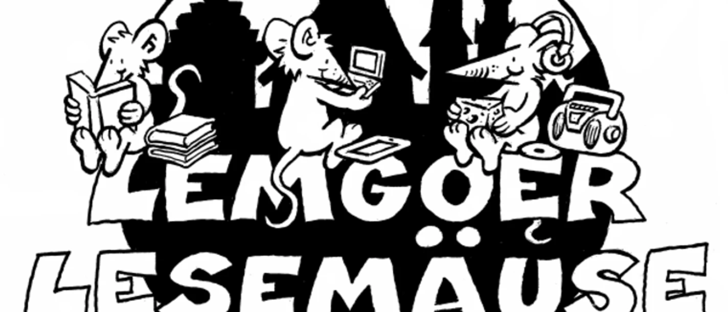 Schwarz-weißes Logo der Lemgoer Lesemäuse mit lesenden Mäusen vor Stadtsilhouette