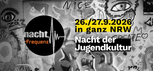 Schwarz-weißes Graffiti-Plakat zur Nacht der Jugendkultur am 26./27.9.2026 in NRW