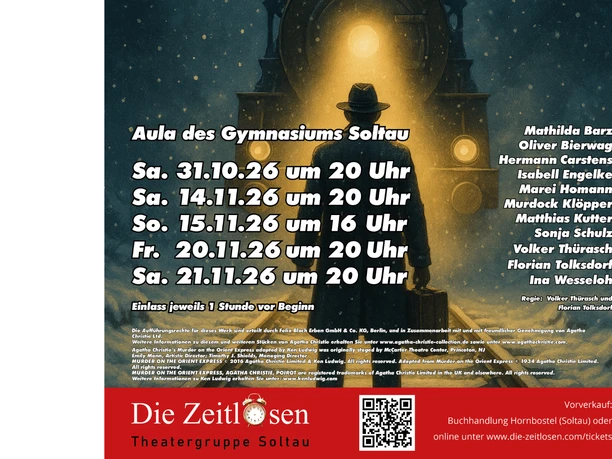 Plakat zu „Mord im OrientExpress“: Silhouette vor Zug im Schnee, Termine in Soltau.