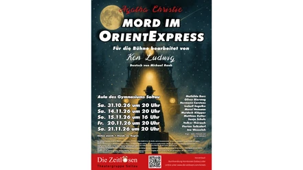 Theaterplakat zu Agatha Christies „Mord im Orientexpress“ mit Zug bei Nacht.