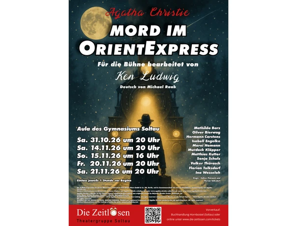 Theaterplakat zu Agatha Christies „Mord im Orientexpress“ mit Zug bei Nacht.