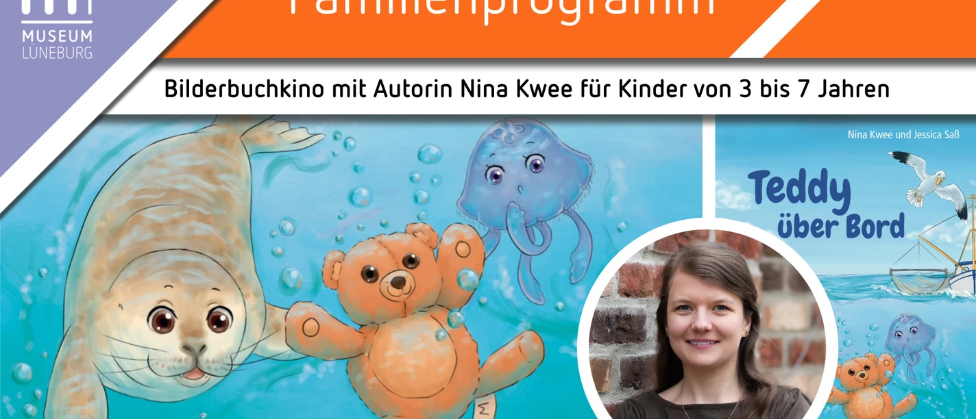 Plakat zum Bilderbuchkino mit Nina Kwee, Buchcover „Teddy über Bord“ und Meeresmotiven.
