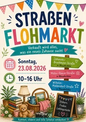 Buntes Plakat zum Straßenflohmarkt Rhauderfehn mit Datum, Uhrzeit und Trödelmotiven.