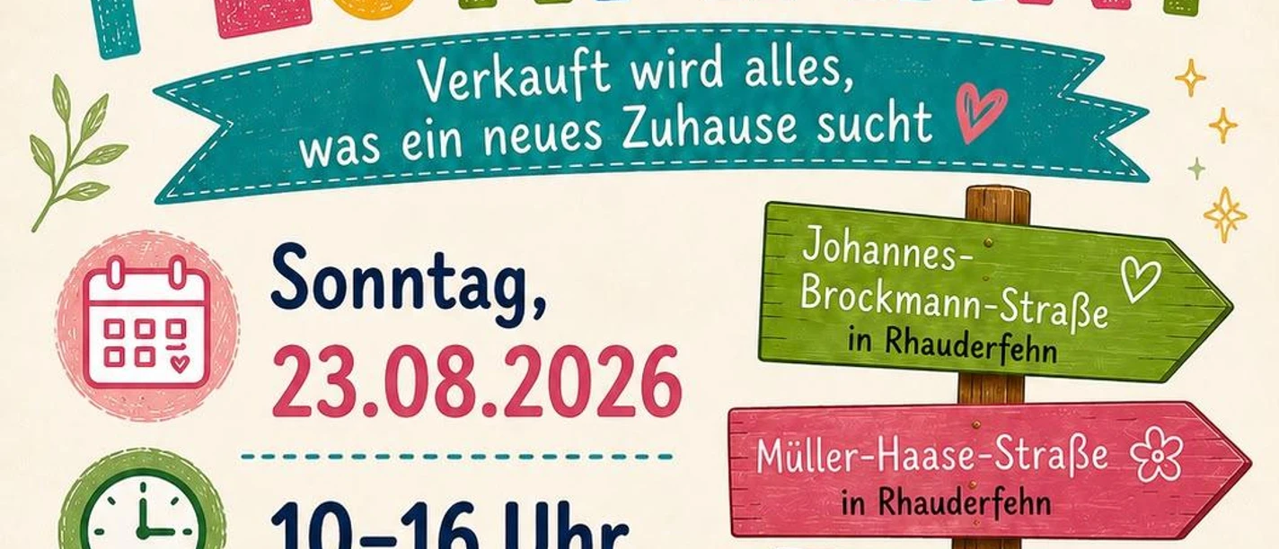 Buntes Plakat zum Straßenflohmarkt Rhauderfehn mit Datum, Uhrzeit und Trödelmotiven.