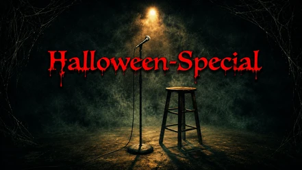 BOING! Comedy Jackpot Show – Halloween Special A microphone and a bar stool in the gloomy stage fog, with the words “Halloween Special” in red lettering