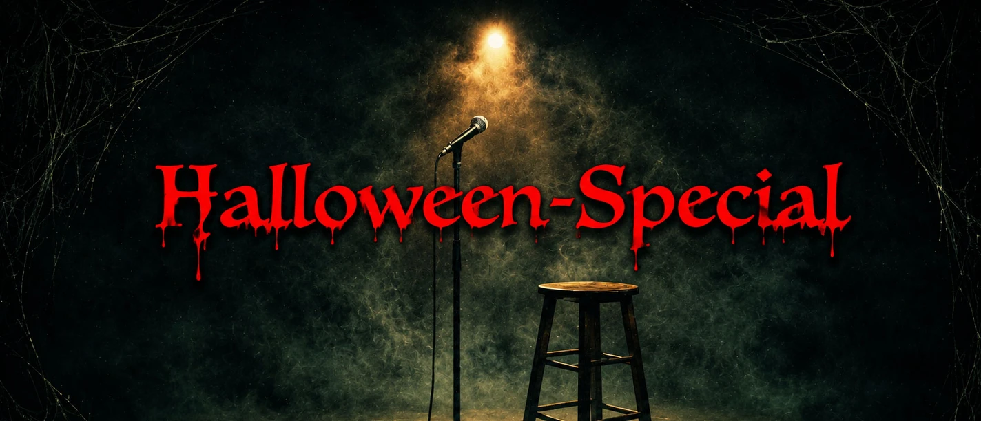 BOING! Comedy Jackpot Show – Halloween Special A microphone and a bar stool in the gloomy stage fog, with the words “Halloween Special” in red lettering