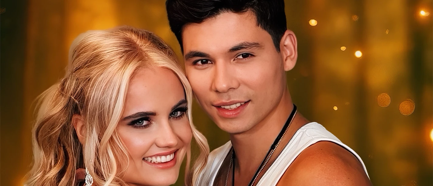 Laura van der Elzen und Mark Hoffmann Lächelndes Paar in festlicher Kleidung vor einem funkelnden, goldenen Hintergrund.