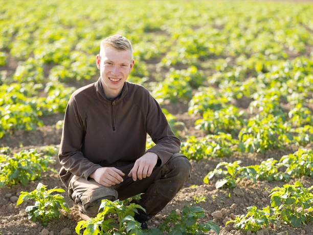 Lucas Mohme kniet im Gemüsefeld