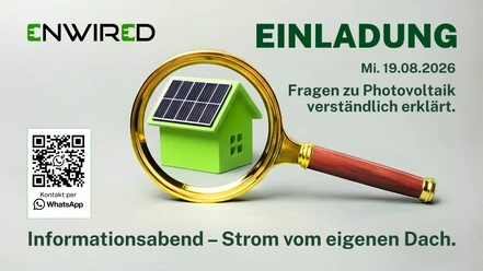 Enwired-Einladung: Infoabend zu Photovoltaik, Lupe über Haus mit Solardach.