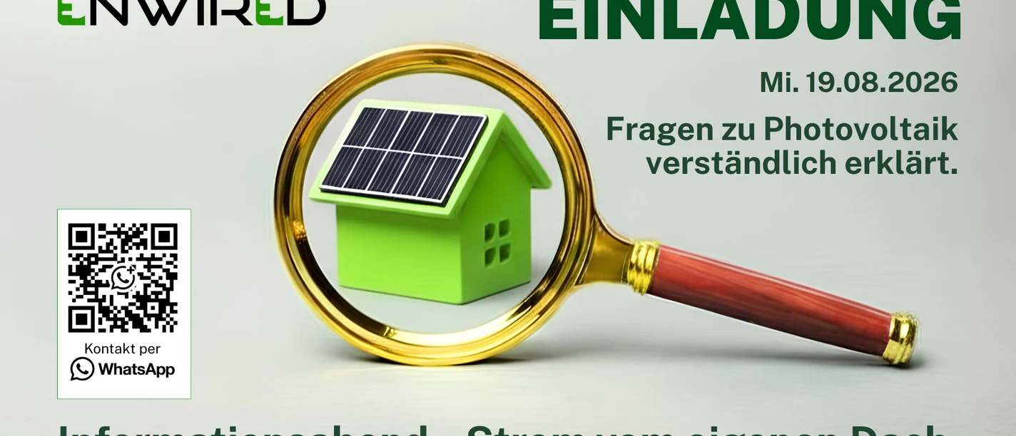 Enwired-Einladung: Infoabend zu Photovoltaik, Lupe über Haus mit Solardach.