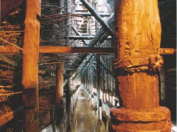 Radeln auf der Sole & Kneipp-Tour Salzgewinnungsanlage mit Holzkonstruktion und schwarzer Reisigbefüllung; eindrucksvolles Innenleben.Salt extraction plant with wooden construction and black brushwood filling; impressive interior.Saltudvindingsanlæg med trækonstruktion og fyld af sort børstetræ; imponerende interiør.Zoutwinningsinstallatie met houten constructie en zwarte borstelhouten vulling; indrukwekkend interieur.