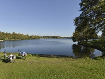 Radeln auf der OC2 - Rund um Schwagstorf Zwei Fahrräder am Ufer eines ruhigen Sees, umgeben von Bäumen unter blauem Himmel.