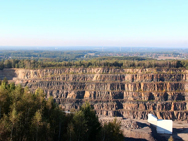 Piesberg Quarry with stepped rock faces in the foreground, extensive forest landscape behind.