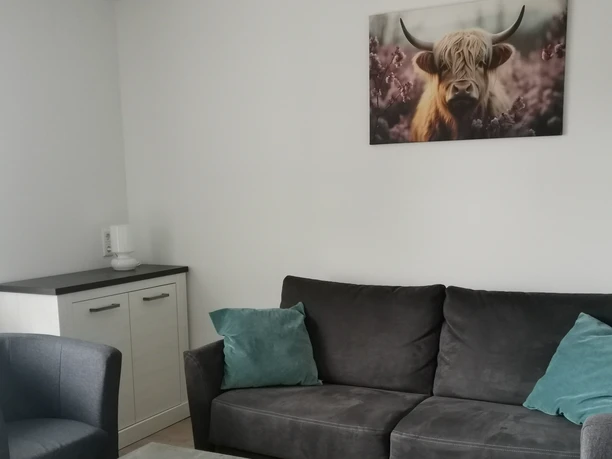 Modern eingerichteter Wohnraum mit graufarbigem Sofa, zwei hellblauen Sofakissen, einem Tisch und zwei Sesseln. Ein schönes Foto von einem Hochlandrind mit Hörnern und langem Fell hängt über dem Sofa. Eine hüfthohes weißes Schränkchen mit zwei Türen steht in Blickrichtung links neben dem Sofa.